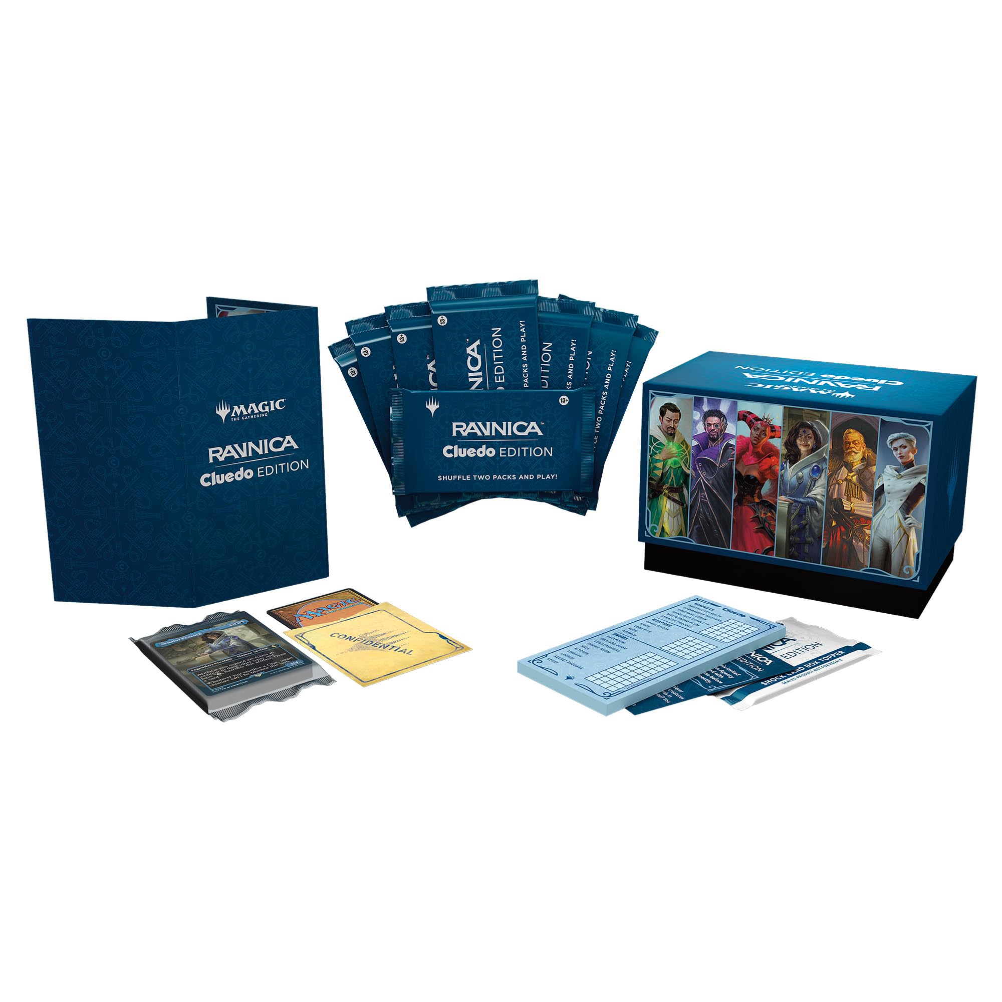 Magic: The Gathering Ravnica: Cluedo Edition - 3-4 player themed murder riddle card game (including 8 game-ready boosters, 21 proof cards, 1 Foil Shock Land Card and Detective Game Accessories)