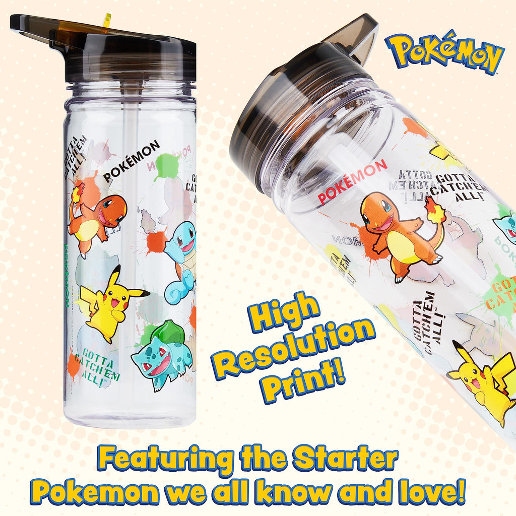 Pokemon Water Bottle for Kids with Straw, 19.6oz Plastic Reusable Drink Bottle
