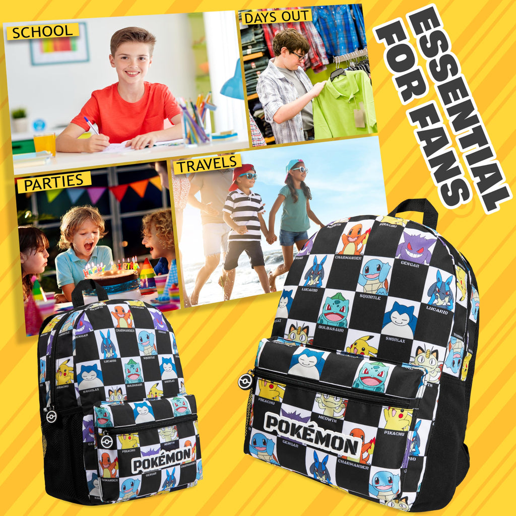 Pokemon Backpack for Kids Teens Pikachu Anime School Bag Daypack Backpacks for Daycare Sports School Supplies Gifts for Kids (Black/White)